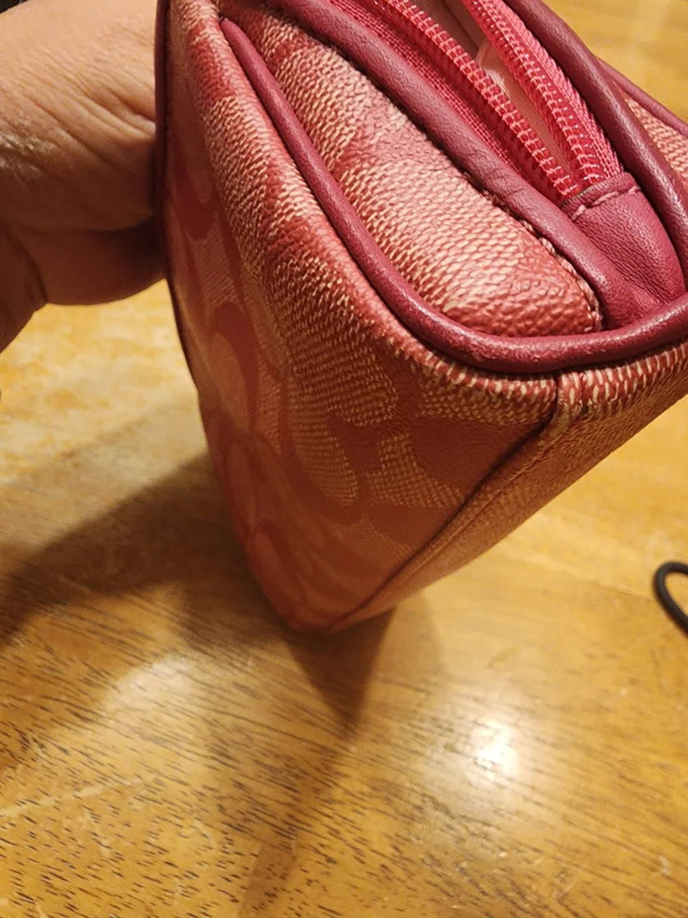 Coach Red Signature Stripe Cosmetic Pouch with Cream & Pink Center Stripe